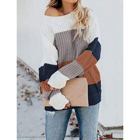 🆕Crew Neck Long Sleeve Color Block Sweater Medium - Picture 5 of 6